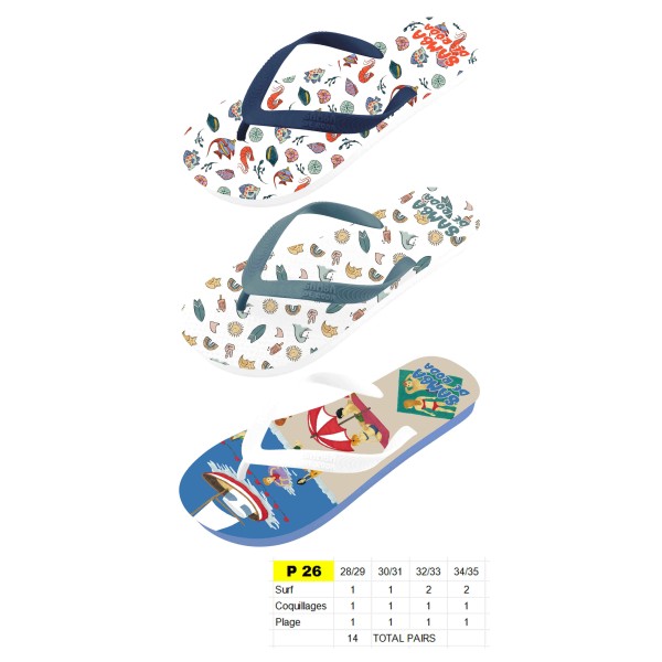 P26 - Tongs Enfants - du 28 au 35 - 3 couleurs - 14 paires